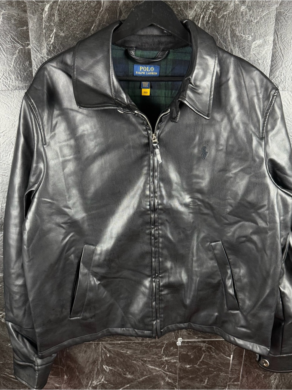 Polo Ralph Lauren Black Plaid Lined Faux Leather Harrington Bomber Jacket Medium